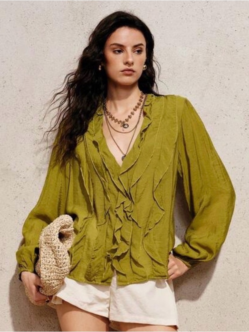 MODICHIC Olive Green Ruffle V-Neck Blouse - Picture 3 of 8